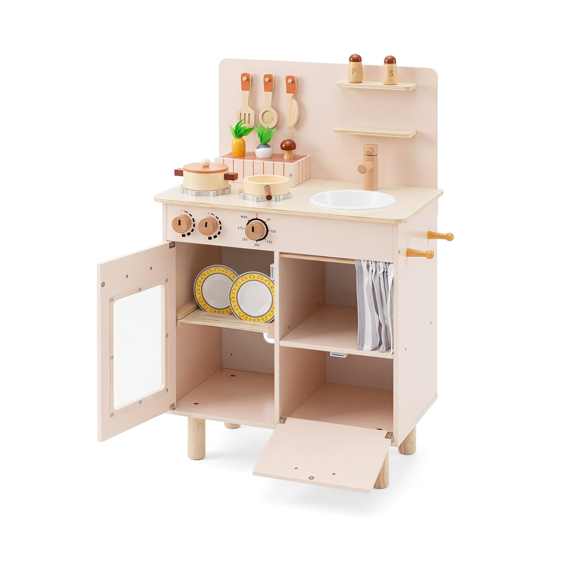 Beige wooden play kitchen for kids with stove, faucet, and sink, part of pretend toys and play kitchen sets by Wilsons Home Store.
