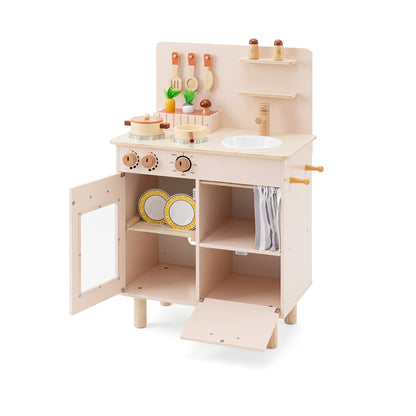 Beige wooden play kitchen for kids with stove, faucet, and sink, part of pretend toys and play kitchen sets by Wilsons Home Store.