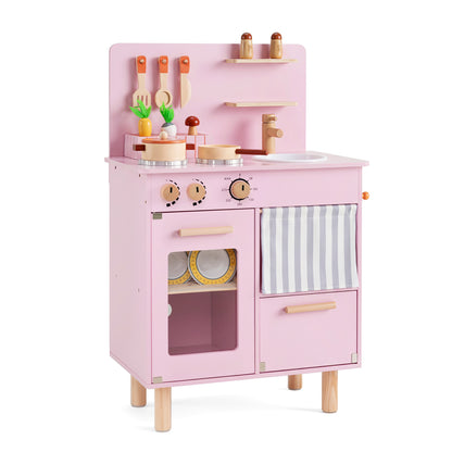 Wooden toy kitchen for kids with beige finish, includes stoves, faucet, and sink, perfect for pretend play and role-playing.