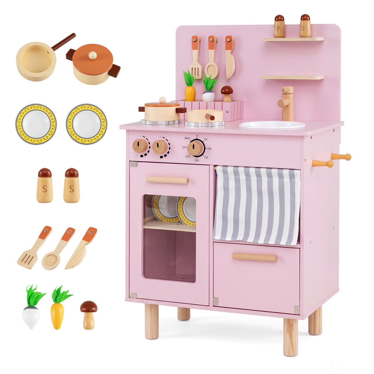 Wooden toy play kitchen for kids with beige finish, including stove, faucet, and sink, perfect for imaginative play.