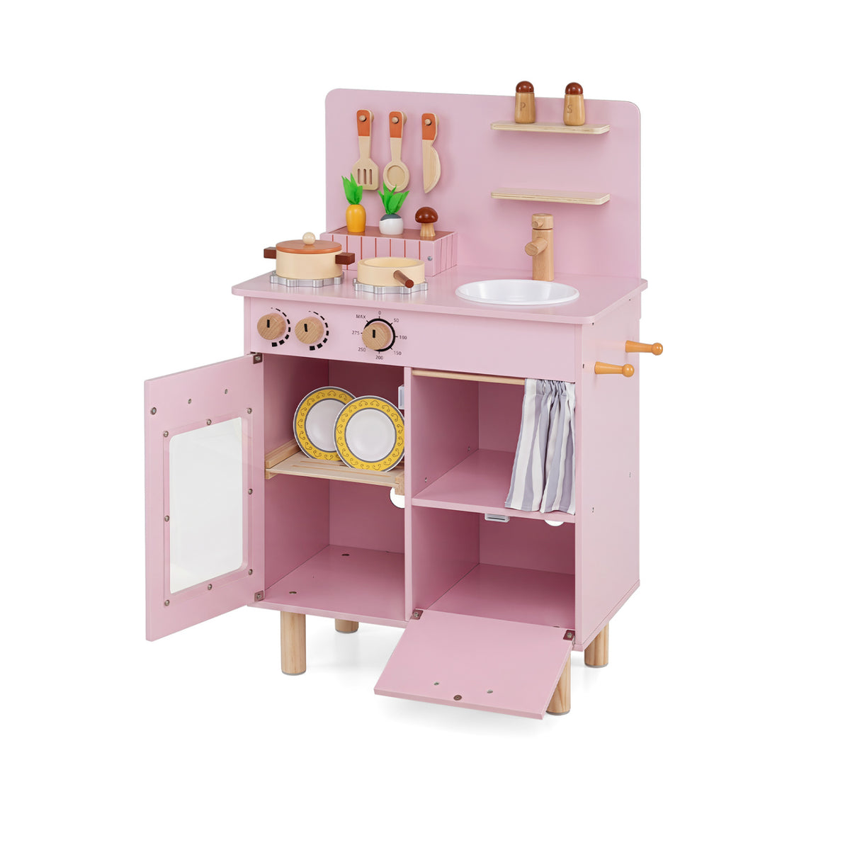 Wooden play kitchen for kids in beige with stove, faucet, and sink, designed for toddler pretend play, by Wilsons Home Store.