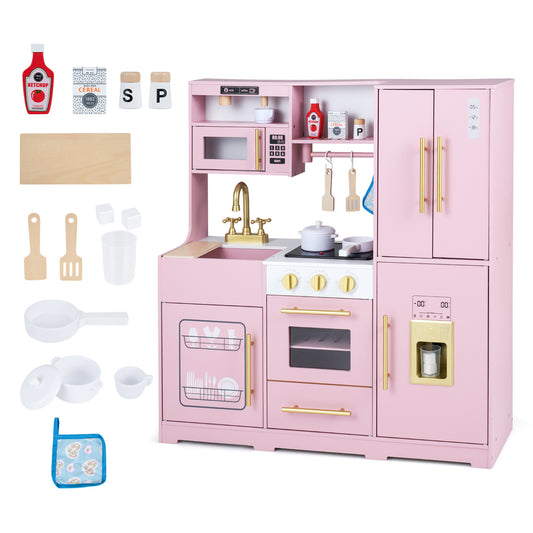 Pink wooden play kitchen set with lights, sounds, sink, stove, and oven for kids ages 3+ by Wilsons Home Store