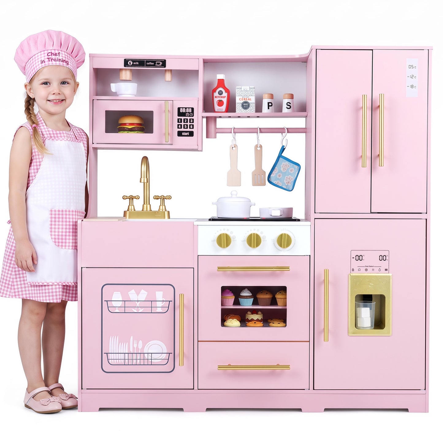 Wooden Play Kitchen with Lights & Sounds and Sink Stove Oven for Kids Ages 3+-Pink