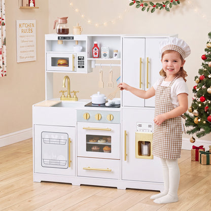 Wooden Play Kitchen with Lights & Sounds and Sink Stove Oven for Kids Ages 3+-Pink