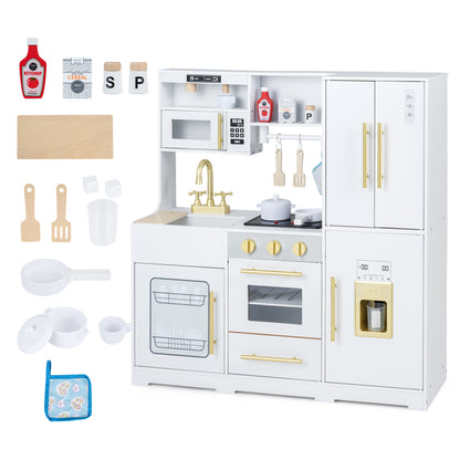 Wooden Play Kitchen with Lights & Sounds and Sink Stove Oven for Kids Ages 3+-Pink