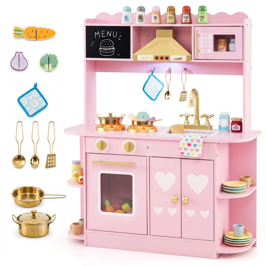 Pink wooden play kitchen set with lights, sounds, stove, and oven for toddlers age 3+ from Wilsons Home Store.