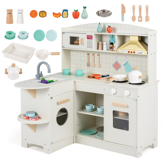 Wooden play kitchen set with lights, sounds, stove, microwave, and sink in white, for children ages 3 and up.