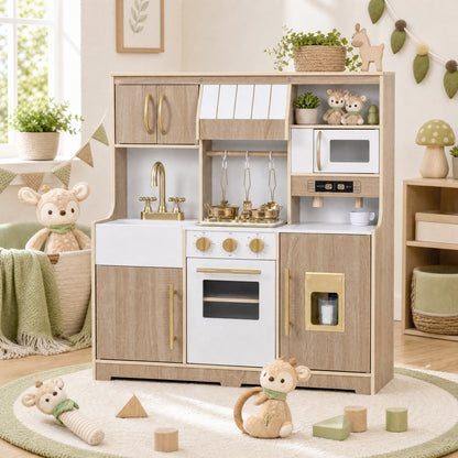 Wooden Play Kitchen with Lights & Sounds and Ice Maker Stove Sink for Toddlers-Natural