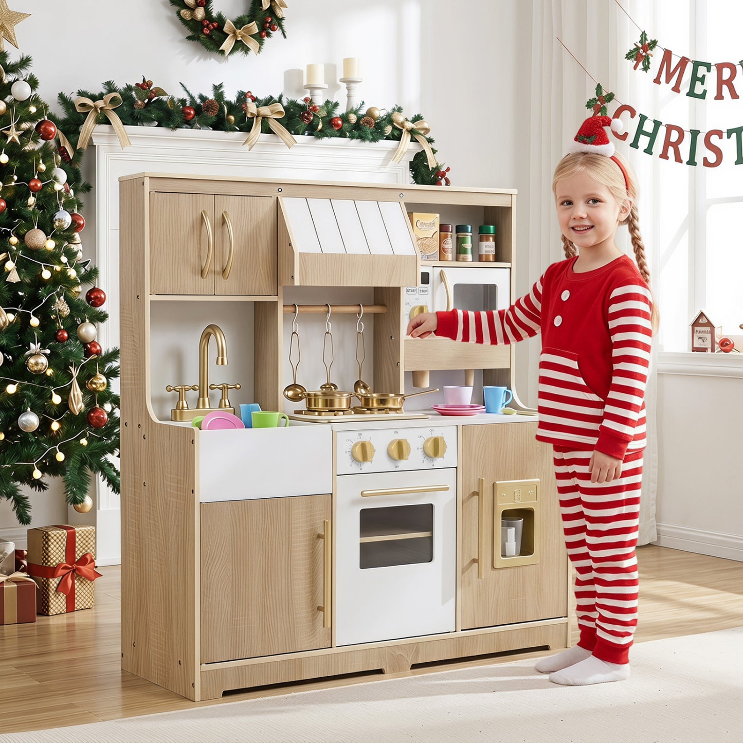Wooden Play Kitchen with Lights & Sounds and Ice Maker Stove Sink for Toddlers-Natural