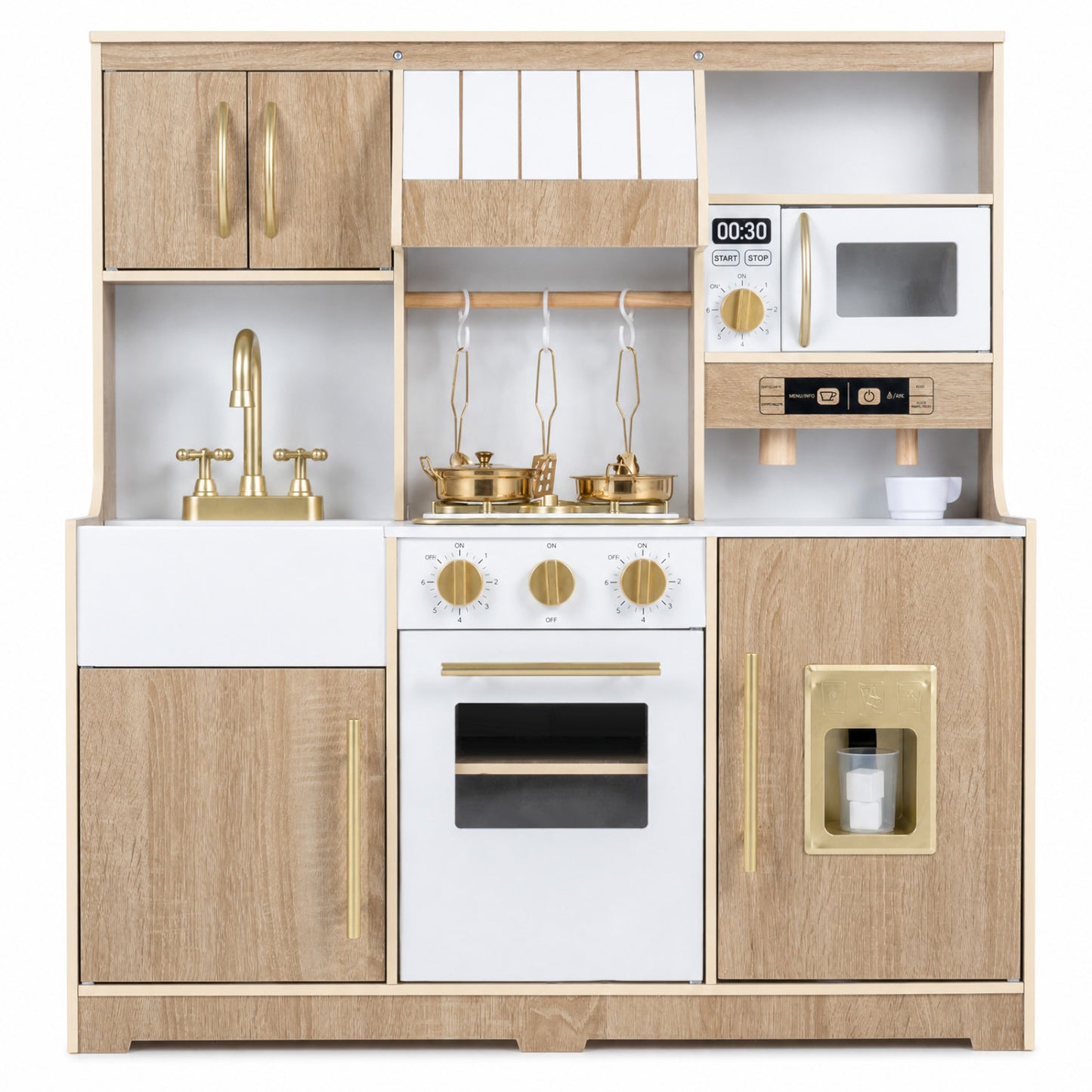 Wooden Play Kitchen with Lights & Sounds and Ice Maker Stove Sink for Toddlers-Natural