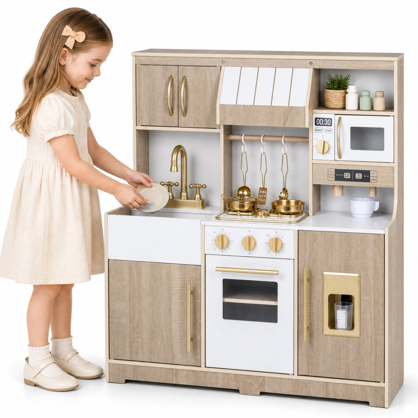 Wooden Play Kitchen with Lights & Sounds and Ice Maker Stove Sink for Toddlers-Natural