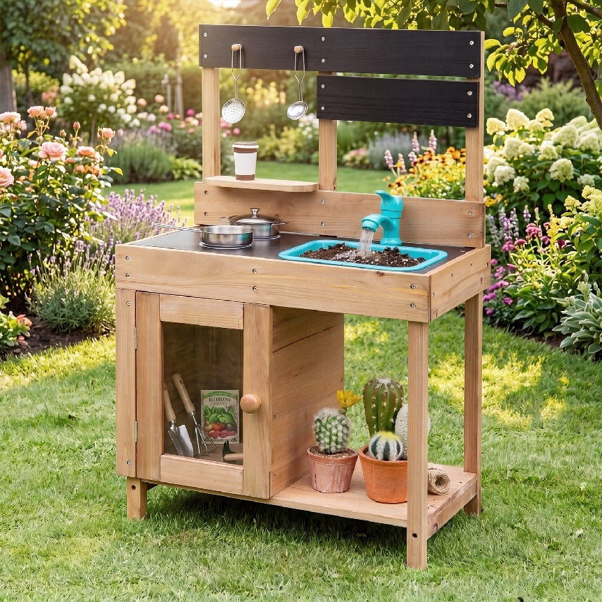 Wooden pretend play kitchen set with stoves, storage cabinet, and shelf for kids, by Wilsons Home Store.