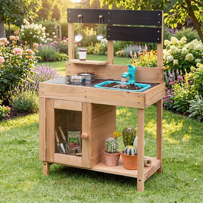 Wooden pretend play kitchen set with stoves, storage cabinet, and shelf for kids, by Wilsons Home Store.