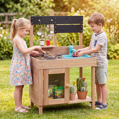 Wooden pretend play kitchen with stoves, storage cabinet, and shelf, designed for children's imaginative play.