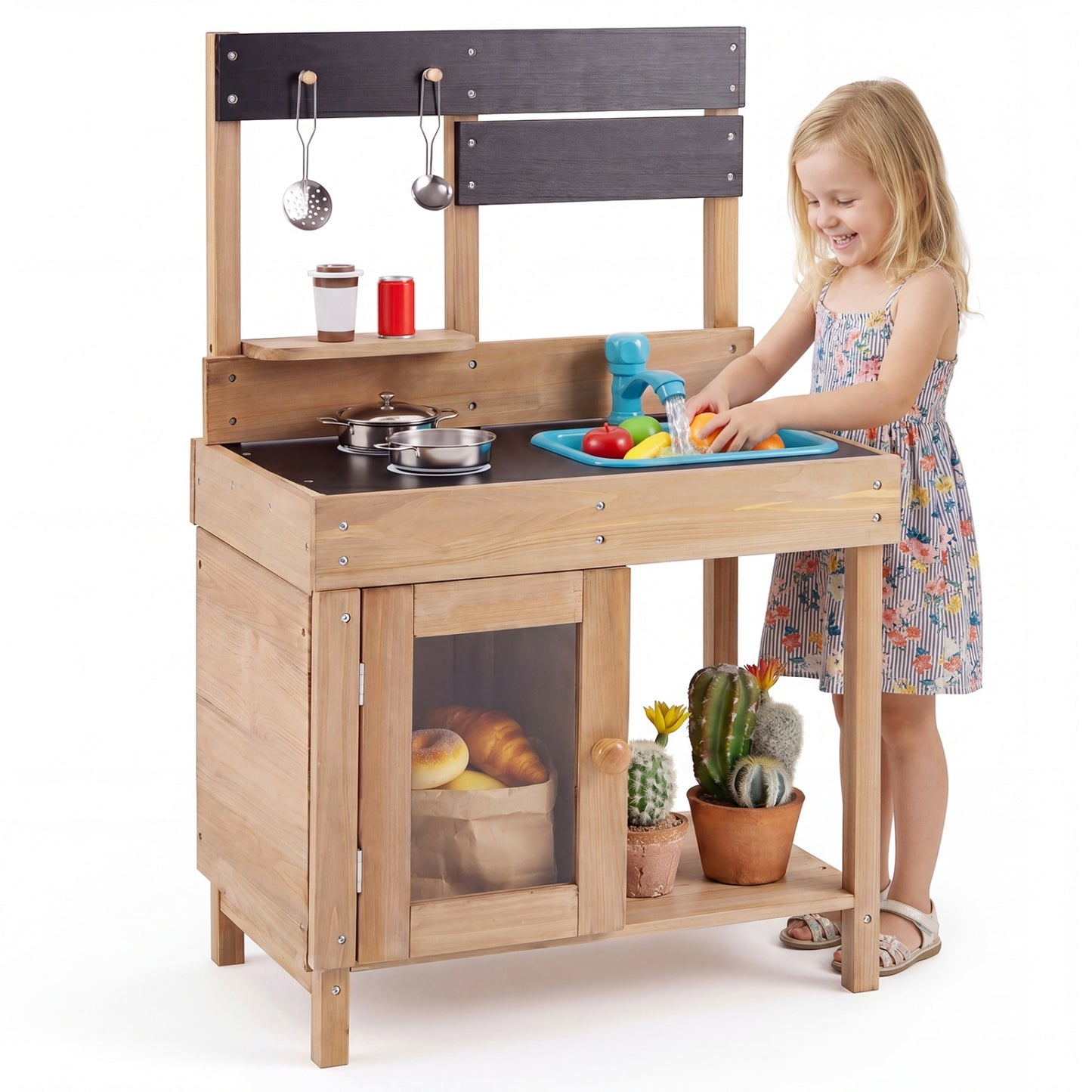 Wooden pretend play kitchen with stoves, storage cabinet, and shelf designed for children's toys and imaginative play.