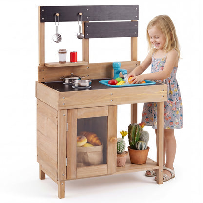 Wooden pretend play kitchen with stoves, storage cabinet, and shelf designed for children's toys and imaginative play.