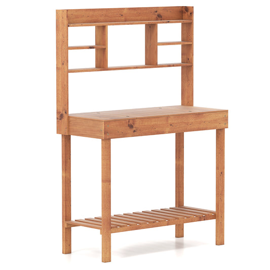 Wooden Potting Bench Table Garden Planting Workstation with 3-Tier Open Shelf-Brown