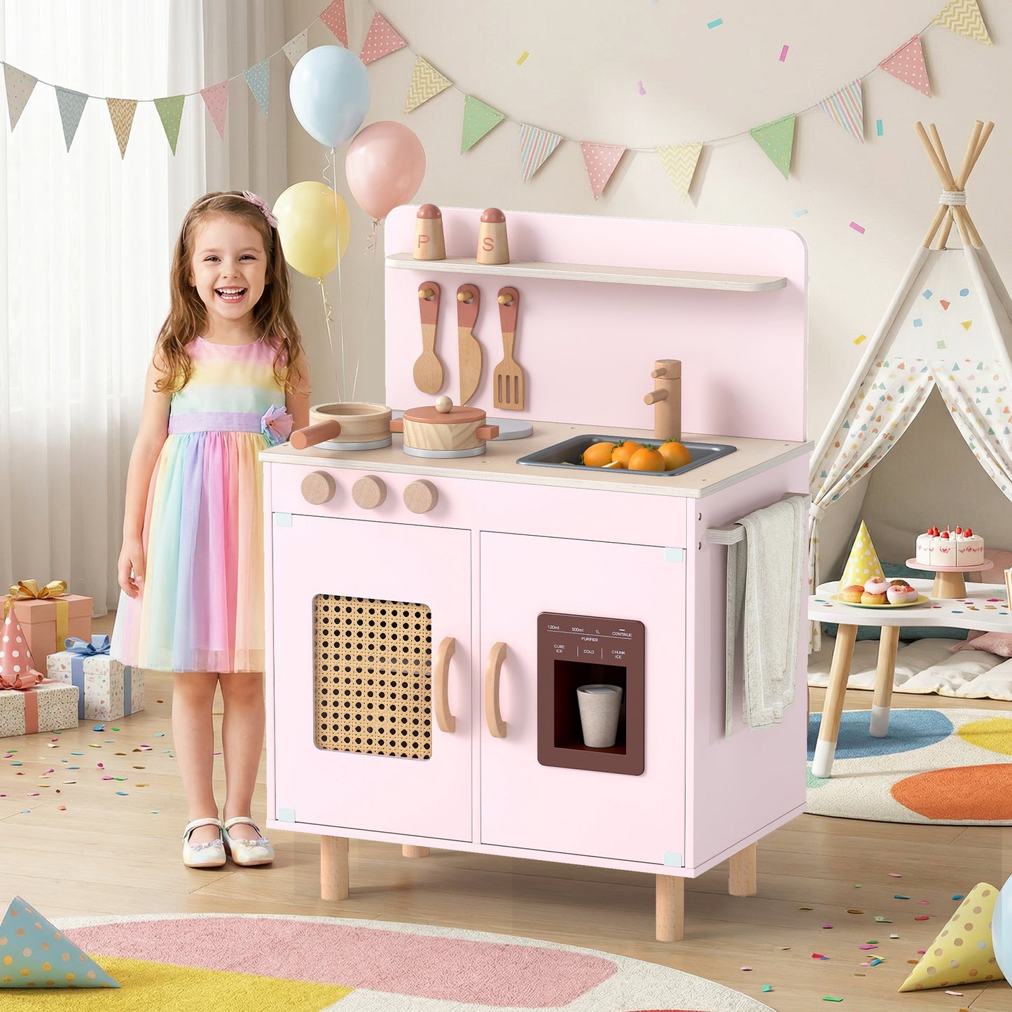Wooden Pretend Kitchen Playset with Realistic Ice Maker-Pink