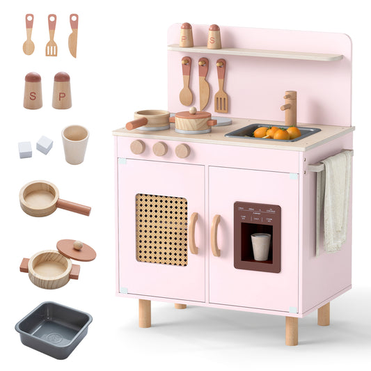 Wooden Pretend Kitchen Playset with Realistic Ice Maker-Pink