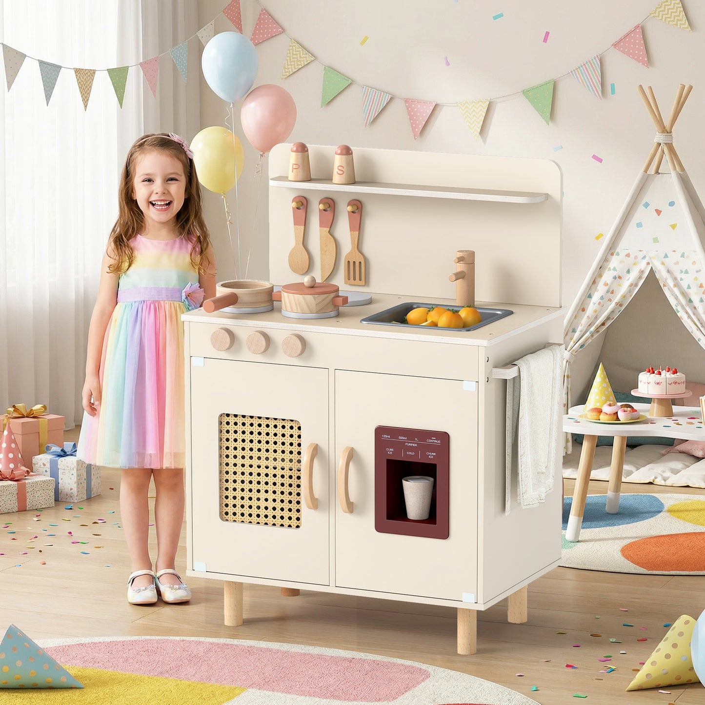 Wooden Pretend Kitchen Playset with Realistic Ice Maker-Pink