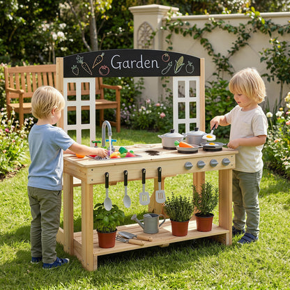 Wooden pretend play kitchen set with bench and cooking accessories, natural wood finish for children's imaginative play.