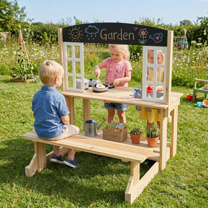 Wooden pretend play kitchen with bench and cooking accessories, natural finish, ideal for children's imaginative play.