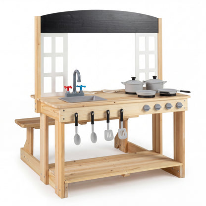 Wooden pretend play kitchen set with bench and cooking accessories, natural wood finish, ideal for imaginative play.