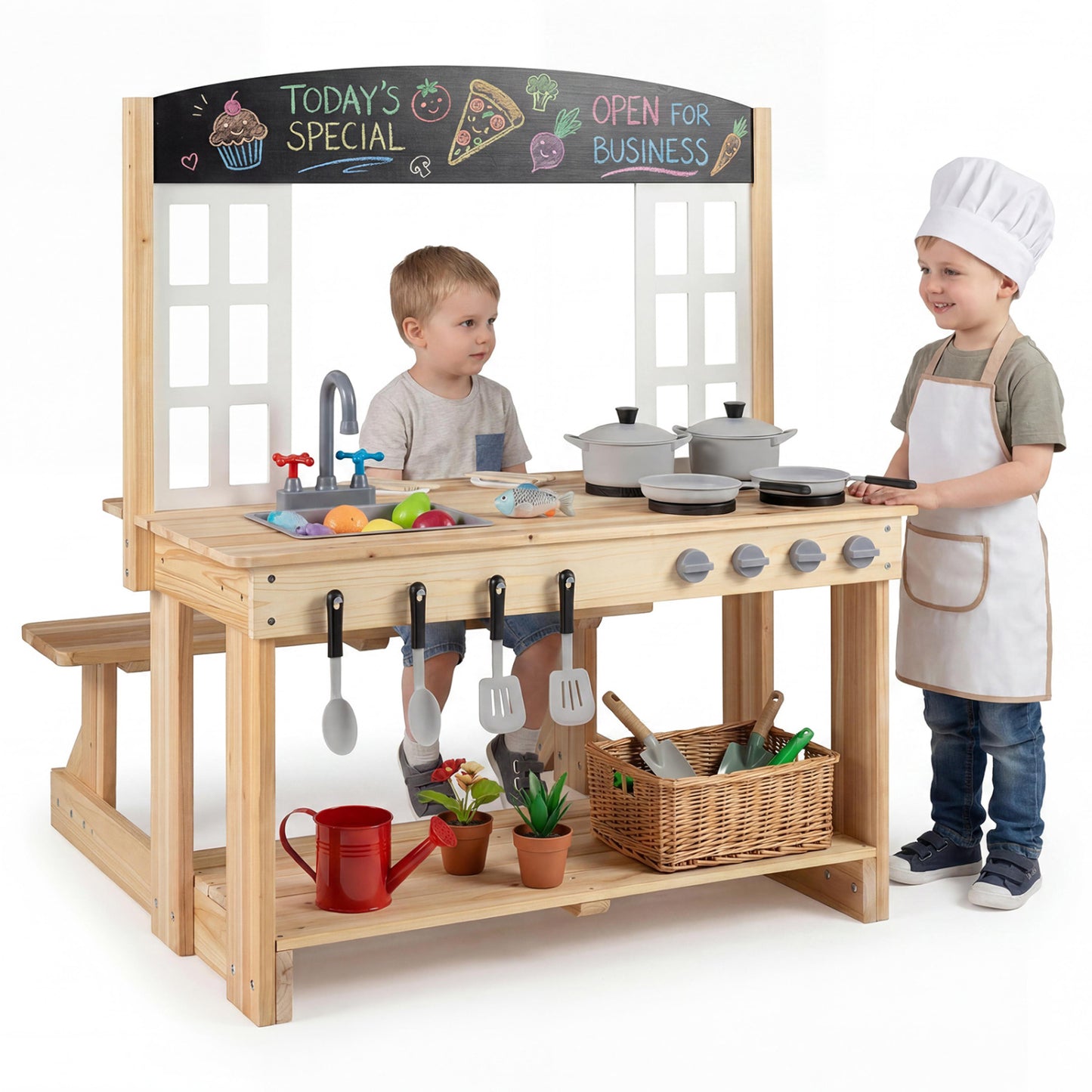 Wooden pretend play kitchen set with bench and cooking accessories, natural wood finish for kids' imaginative play.