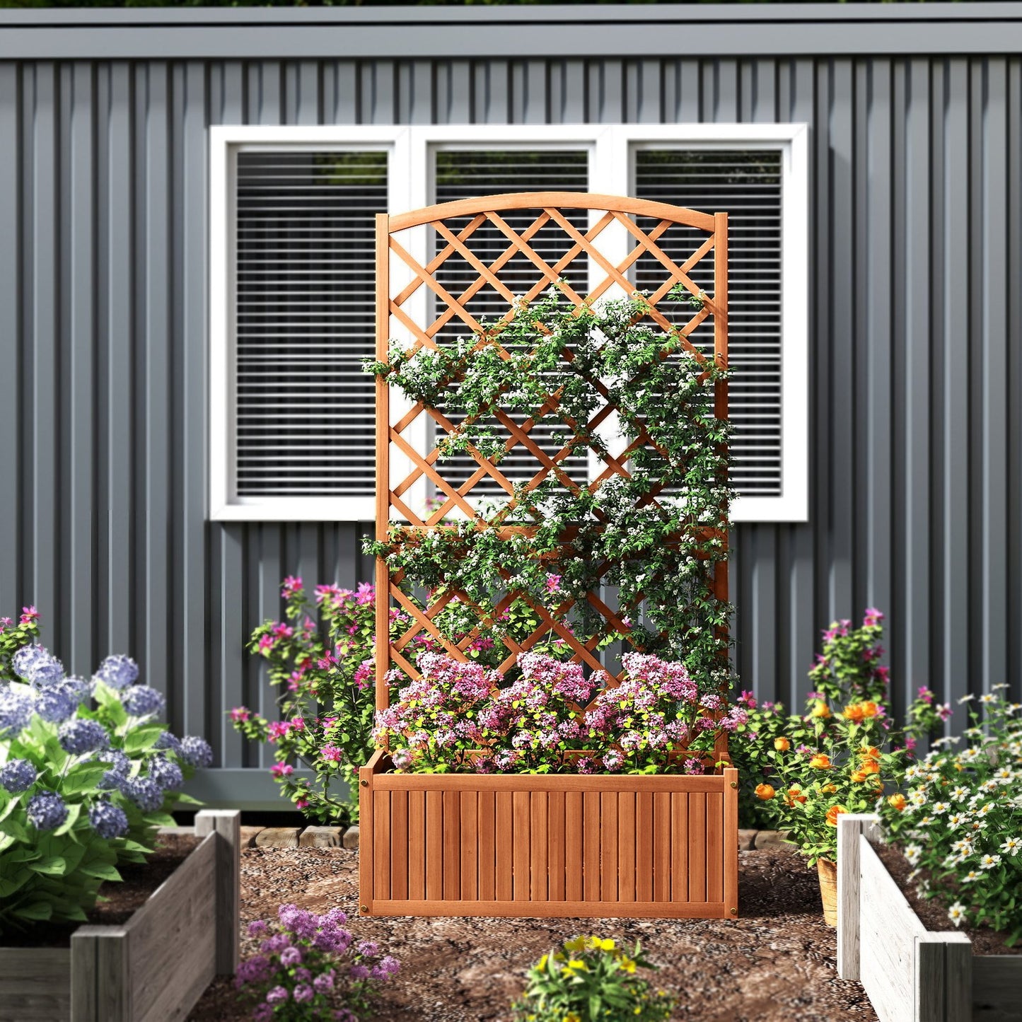 Wooden Raised Garden Bed with Trellis 63 Inch Tall Garden Planter