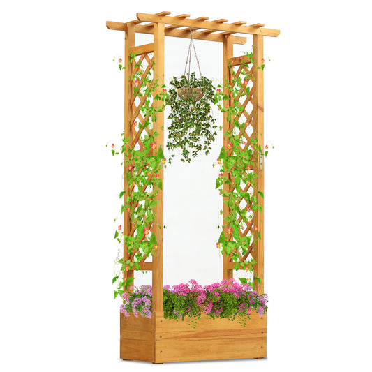 Wooden Raised Garden Bed with Lattice Trellis and Hanging Roof-Orange