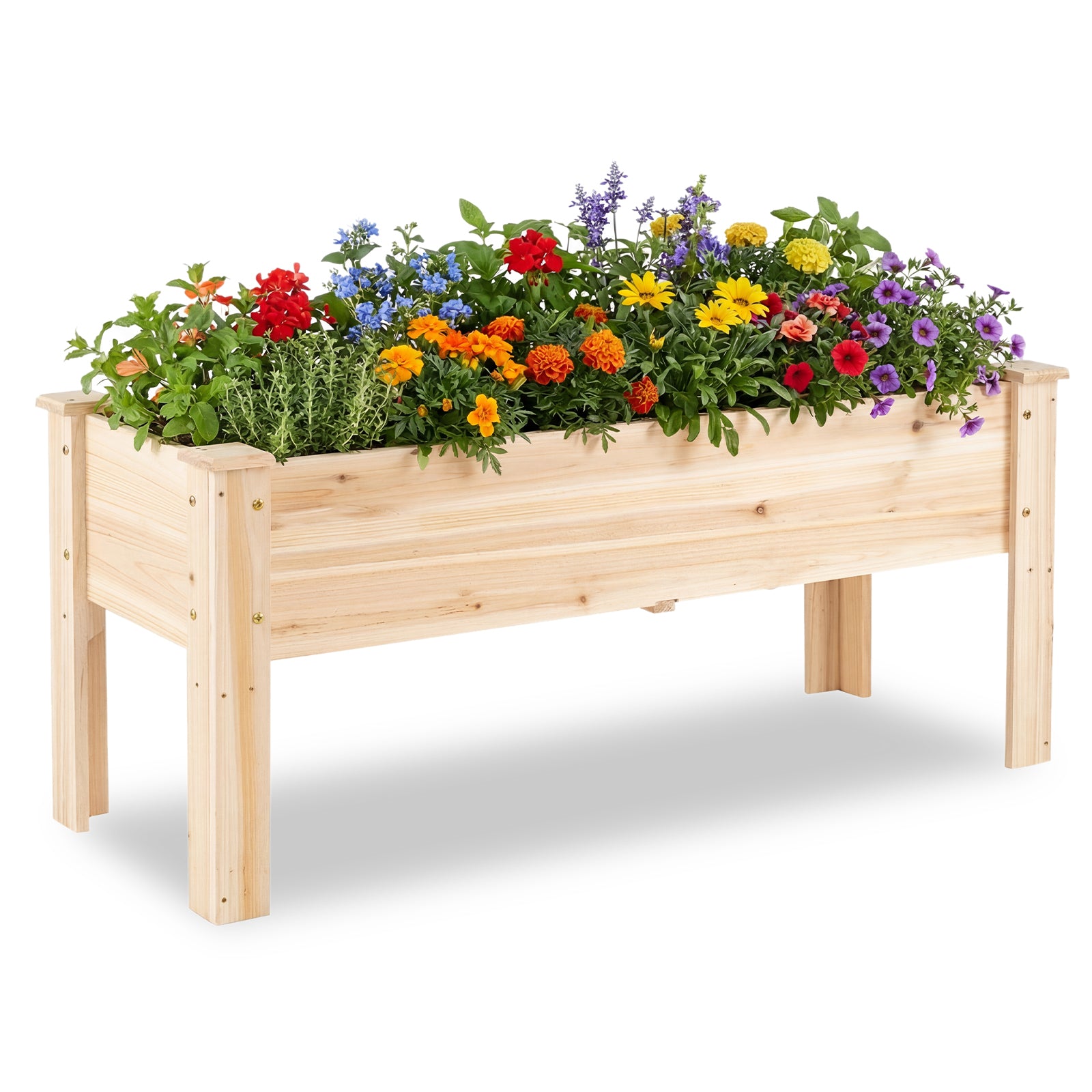 Heavy-duty wooden raised garden bed with legs, natural finish, featuring drainage holes for outdoor vegetable and flower planting.