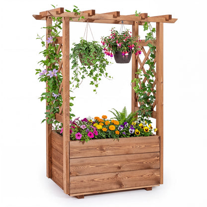 Wooden raised garden bed with elevated planter box and hanging roof, ideal for outdoor gardening.