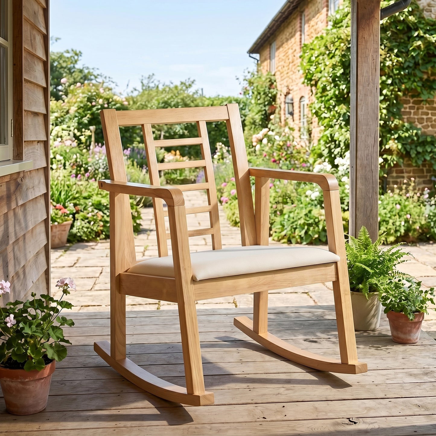 Brown wooden rocking chair with upholstered seat and ladder back, ideal for outdoor patio lounging.