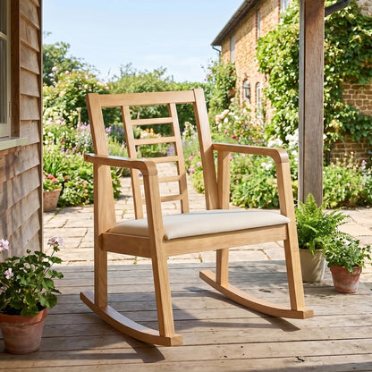 Brown wooden rocking chair with upholstered seat and ladder back, ideal for outdoor patio lounging.