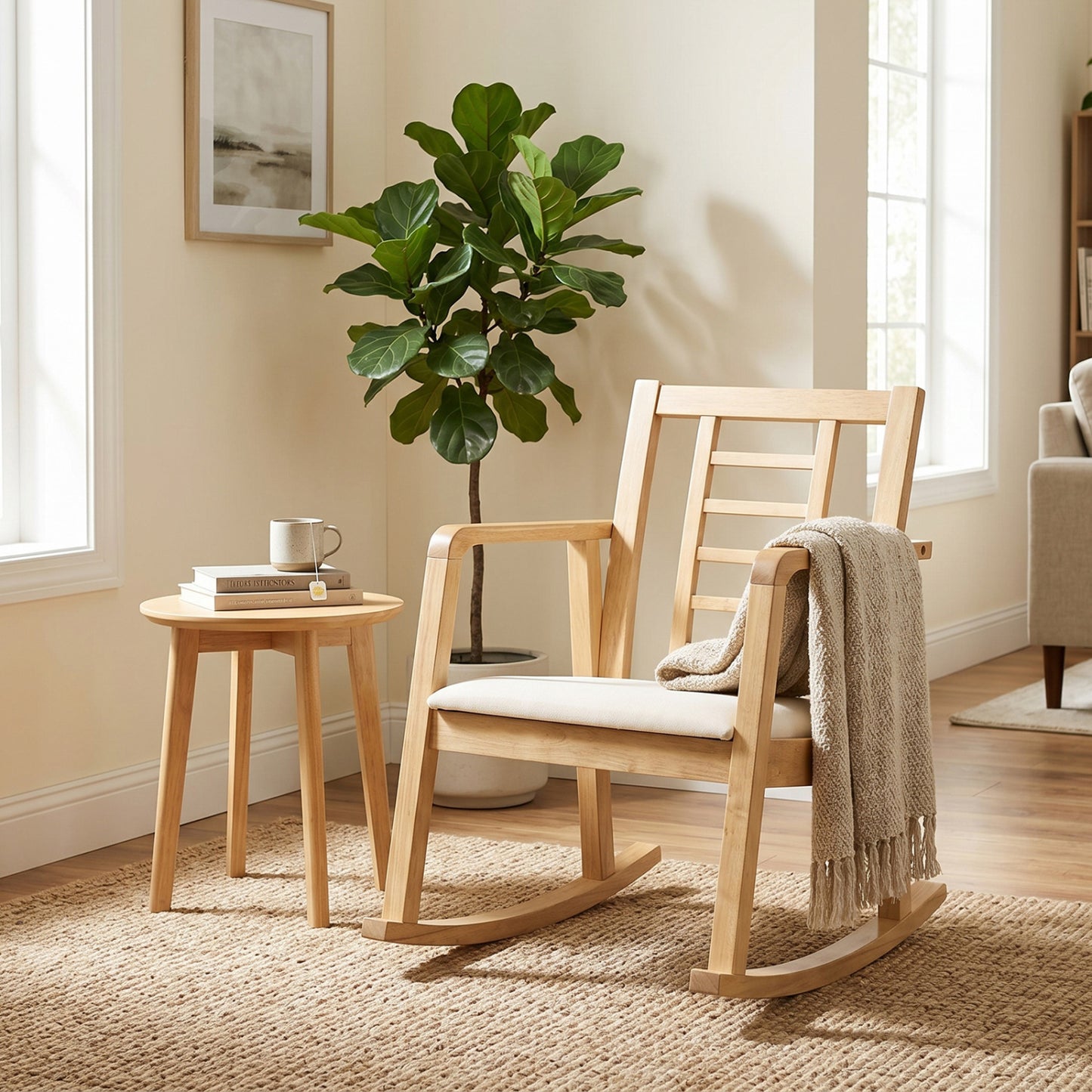 Brown wooden rocking chair with upholstered seat and ladder back, suitable for outdoor patio living room seating.