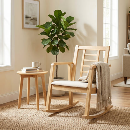 Brown wooden rocking chair with upholstered seat and ladder back, suitable for outdoor patio living room seating.