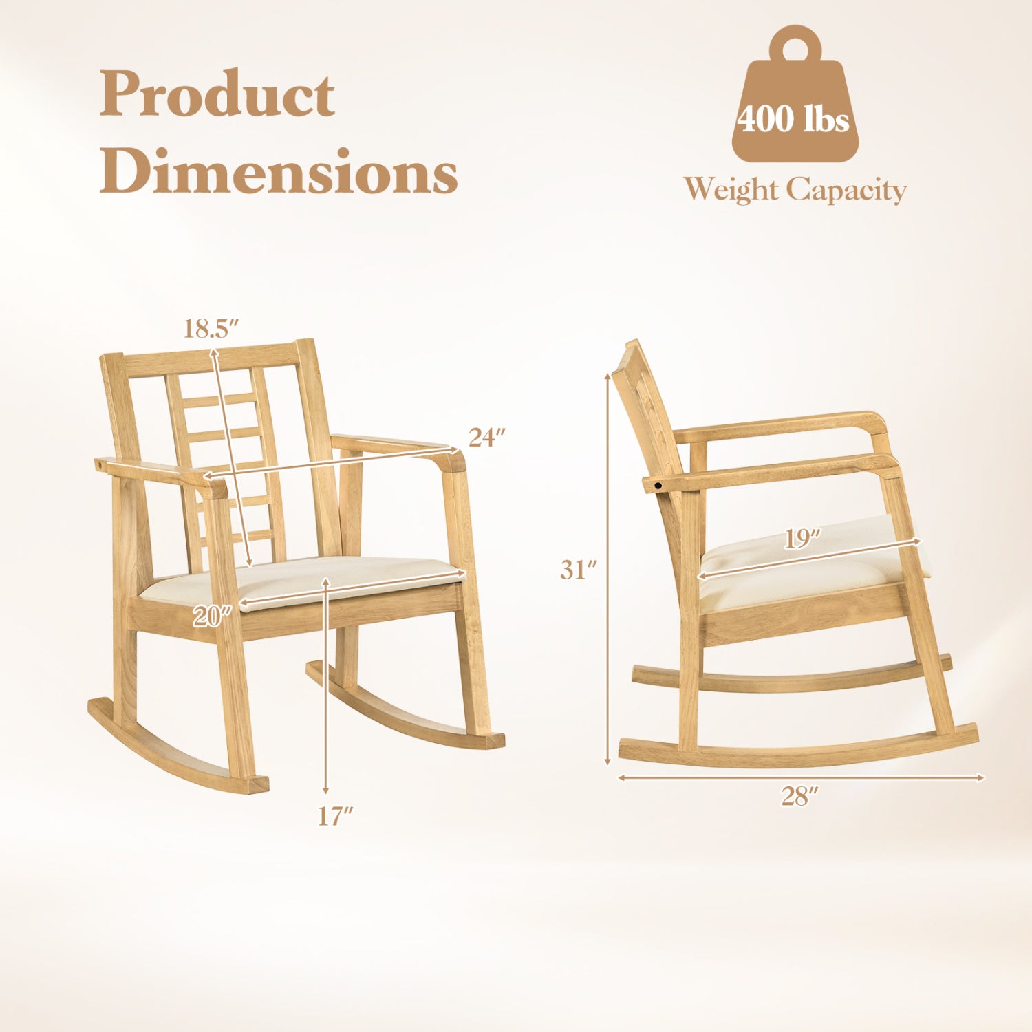 Brown wooden rocking chair with upholstered seat and ladder back, perfect for outdoor patio seating.