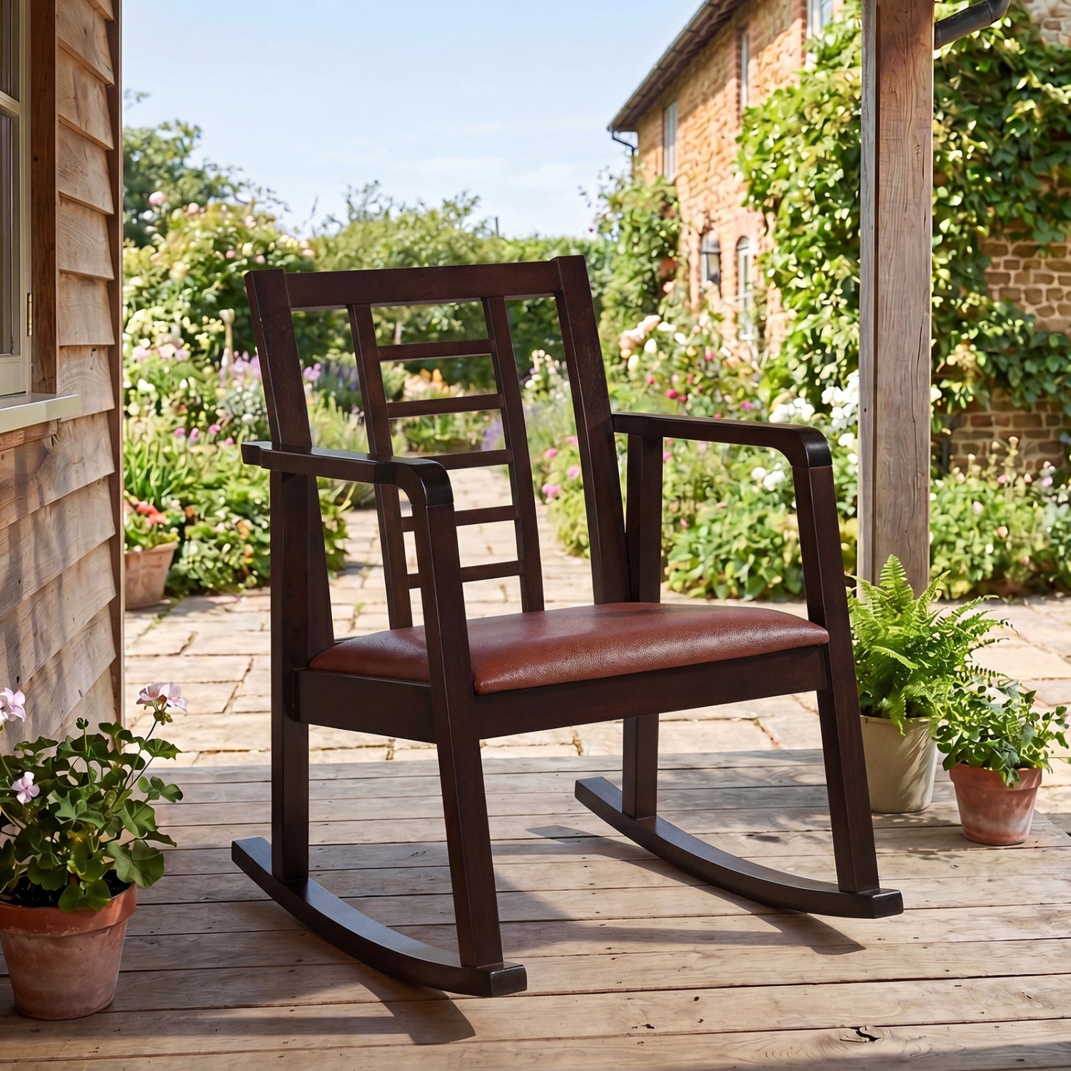 Brown wooden rocking chair with upholstered seat and ladder back, outdoor patio furniture for relaxing in the living room or outdoor space.