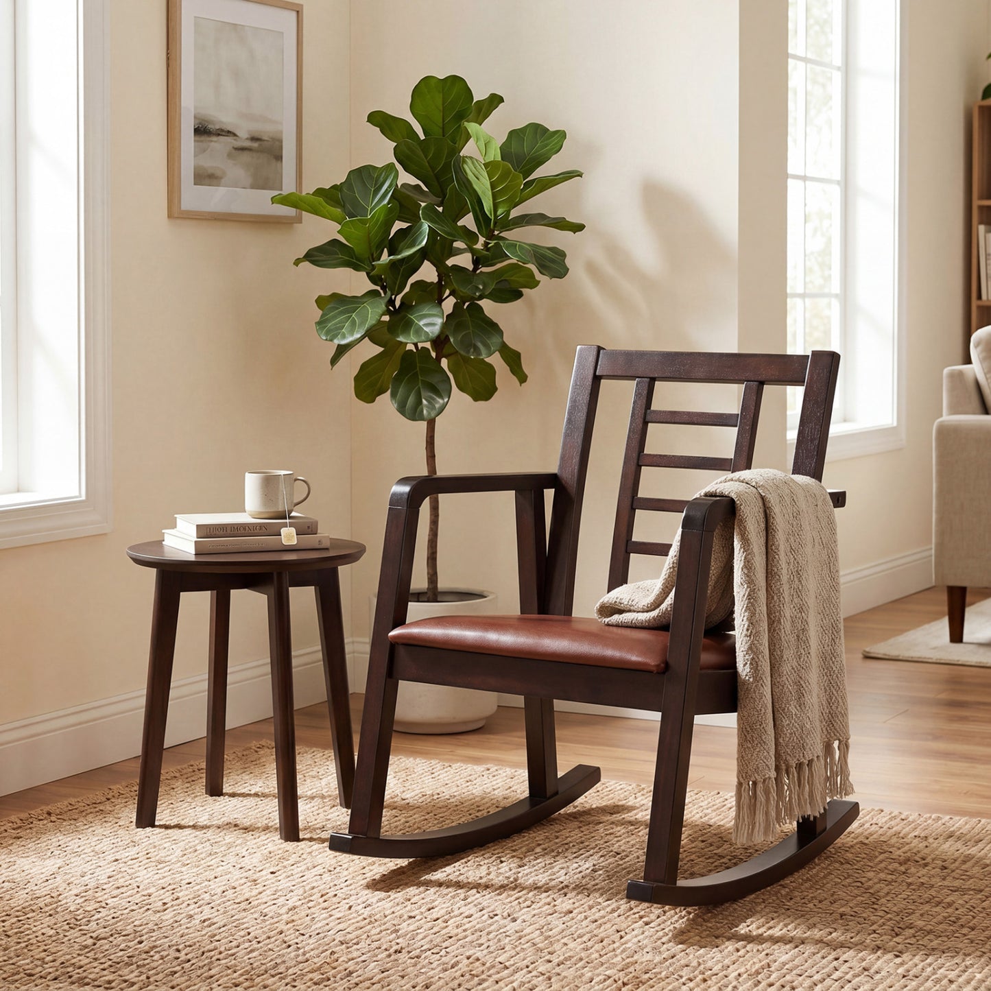 Brown wooden rocking chair with upholstered seat and ladder back, perfect for outdoor patio seating, by Direct by Wilsons Home Store.