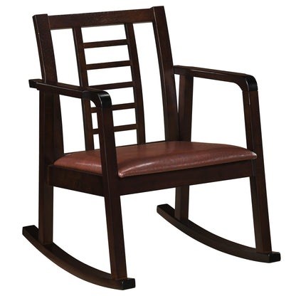 Brown wooden rocking chair with upholstered seat and ladder back, ideal for outdoor patio seating.