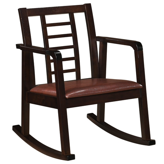 Brown wooden rocking chair with upholstered seat and ladder back, ideal for outdoor patio seating.