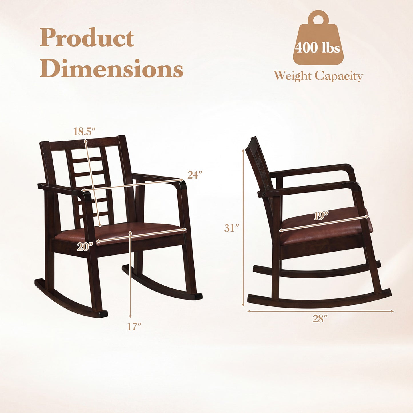 Brown wooden rocking chair with upholstered seat and ladder back, ideal for outdoor patio seating.