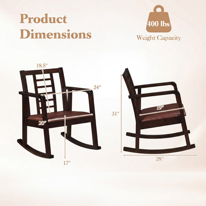 Brown wooden rocking chair with upholstered seat and ladder back, ideal for outdoor patio seating.