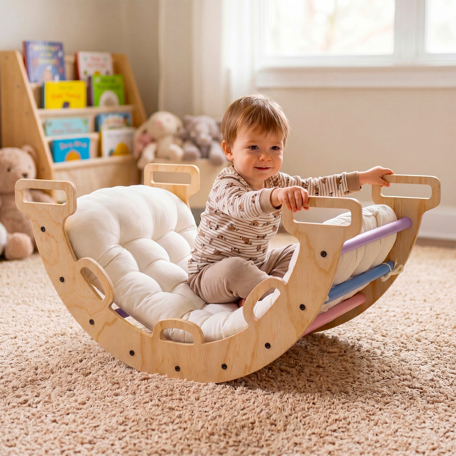 Wooden rocking climbing arch with cushion for kids, 3-in-1 Montessori climber and rocker toy, natural wood finish with colorful cushion.