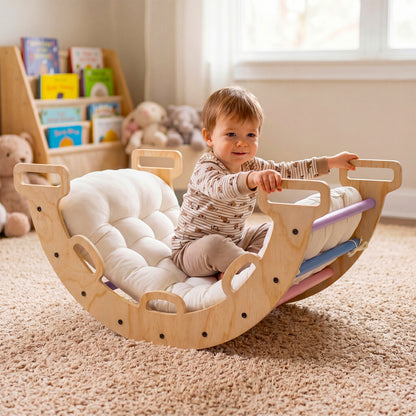 Wooden rocking climbing arch with cushion for kids, 3-in-1 Montessori climber and rocker toy, natural wood finish with colorful cushion.