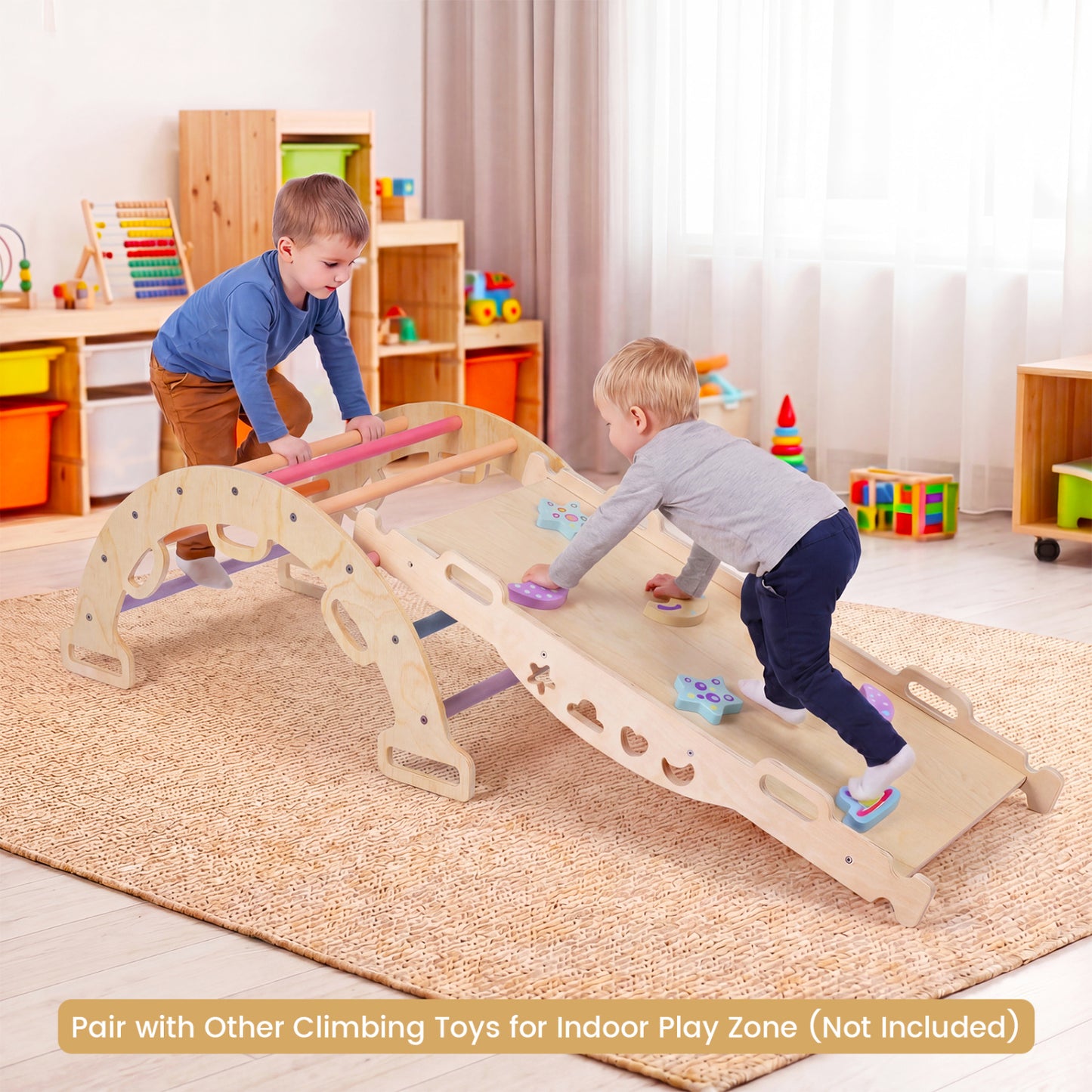 Wooden Montessori climbing arch with cushion, 3-in-1 kids rocker and climber, suitable for indoor play and development.