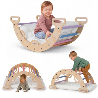 Wooden Montessori climbing arch with cushion, 3-in-1 kids rocker and climber, suitable for indoor play and developmental activities.