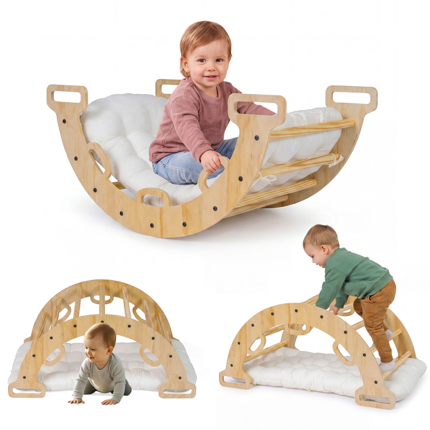 Wooden rocking climbing arch with cushion for kids, Montessori 3-in-1 climber and rocker toy, ideal for indoor play.