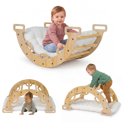 Wooden rocking climbing arch with cushion for kids, Montessori 3-in-1 climber and rocker toy, ideal for indoor play.