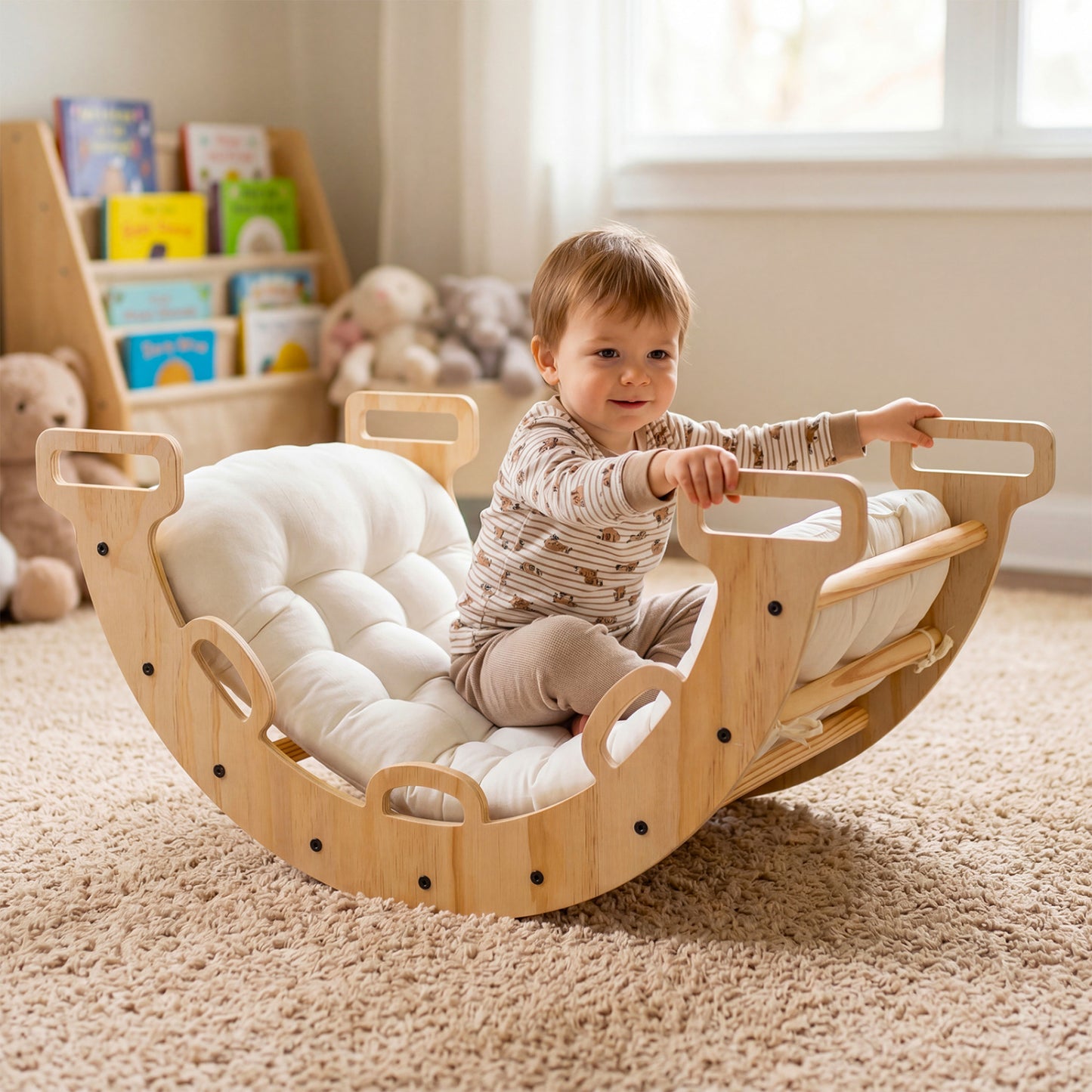 Wooden rocking climbing arch with cushion for kids, 3-in-1 Montessori climber and rocker, durable wooden toy for indoor play.